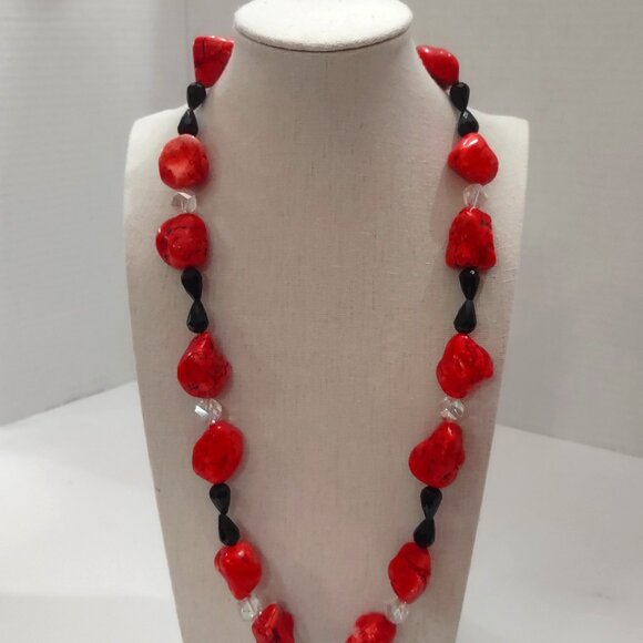 Vintage AB Cross Chunky Red Howlite Beaded Necklace with Crystal & Glass - Picture 3 of 7